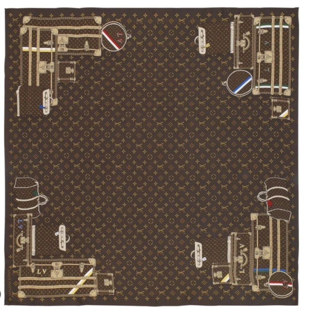 Louis Vuitton Scarf  Travel Trunks Monogram Brown Silk Wrap